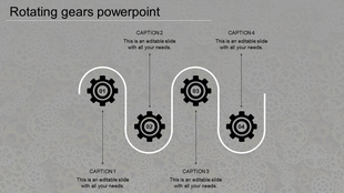 Four black gears arranged in a wavy white line curves connecting them, set against a gray patterned background.