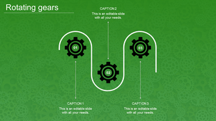 Green themed PowerPoint slide featuring rotating gears with three caption placeholders.