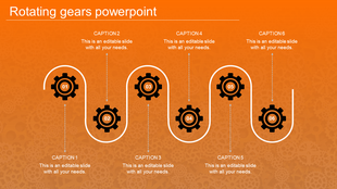 Six black gears connected by curved lines with arrows, forming a process flow on an orange backdrop.