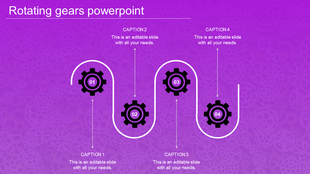 Rotating gears PowerPoint template with a purple background, featuring four captions with placeholder text.