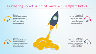 Rocket launch PowerPoint template with colorful speed gauges and cloud effects with captions.