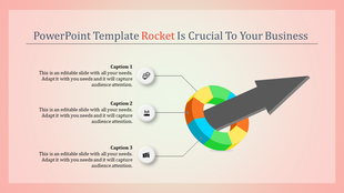 Rocket-themed infographic with a multi-colored circular chart and an upward-pointing arrow, by three captions areas.