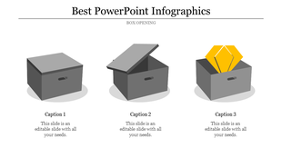 Infographic PPT slide featuring three grey boxes in varying states of being opened, with one box revealing a yellow object.
