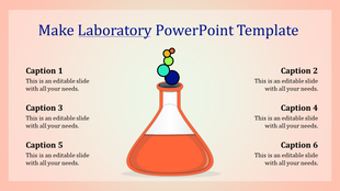 Laboratory flask with orange content and a trail of colorful molecular bubbles rising, bordered by six  captions.