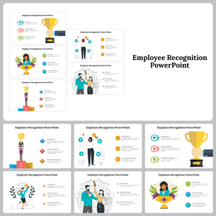 Employee Recognition slides with illustrations of awards, trophies, and celebrations for acknowledging achievements.