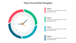 Circular clock design with multicolored segments in red, green, teal, and blue, paired with captions on the right.