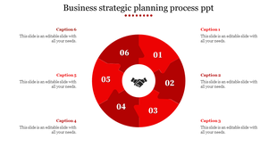 Circular puzzle infographic with six red segments representing the business strategic planning process in PowerPoint.
