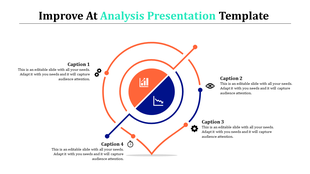 Analysis slide with two circles, one showing a growth bar chart and the other a declining line graph, surrounded by four icons.