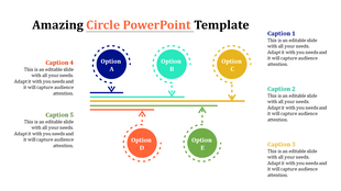 Infographic with five options (A, B, C, D, E) in circles connected by dotted lines, with five caption areas.