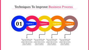 Business process slide with colorful interlinked circles in blue, pink, yellow, orange, and brown on a white background.