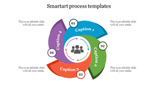 Circular smart-art diagram with four numbered segments, each with captions area and colorful arrows at center showing flow.