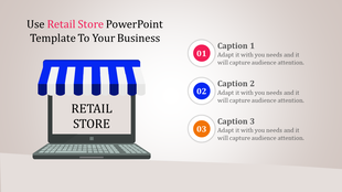 A laptop displaying a Retail Store PPT slide with a blue and white striped awning on top, with captions.