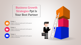 Illustration of a businessman with a ladder near stacked colorful cubes and three captions with icons on the left.