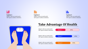 Blue scale with feet on it, three colored icons and text on top, and matching progress bars with percentages on the right.