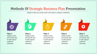 Strategic business plan PowerPoint slide with five flags, each representing a different plan, and caption areas.