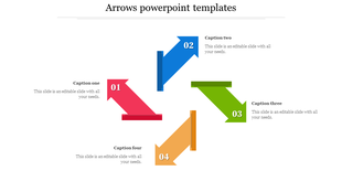 Slide with four colored arrows in pink, blue, green, and orange, pointing in different directions, each with a caption.