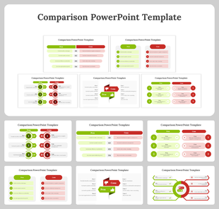 A grid of comparison slide deck displaying pros in green and cons in red across various styles and designs.