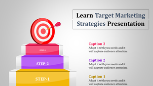 Slide with a red target and arrow on top of colorful three step blocks in yellow, purple, and red.