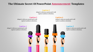Illustration of five hands holding colorful microphones in a row, with captions displayed above.