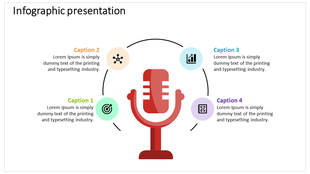 Red microphone graphic at the center with four circular icons in pastel colors arranged in a semicircle around it.