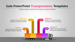 Transportation-themed template with a truck and four arrows of different colors, each with a caption area.