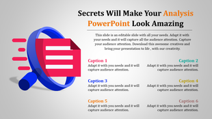 Magnifying glass zooming in on a document, showcasing an analysis PowerPoint template with captions.