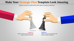 PowerPoint template for strategic planning, featuring two hands holding chess pieces with captions.