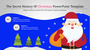 Christmas slide featuring Santa Claus with a sack, snowy trees, snowflakes, and two captions on a blue curved background.