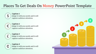 Slide featuring currency symbols with captions and stacked coins increasing in size with four numbered arrows on the right