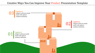 Product presentation template showing steps with stacked boxes and a green landscape with captions and placeholder text.