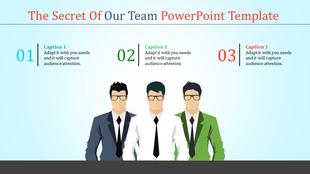 PowerPoint template featuring a team of three men in suits, with numbered sections on a light blue theme.