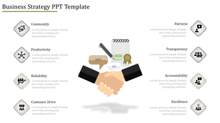 Illustration of agreement with handshake, pen, and document, paired with eight strategic values on both sides.