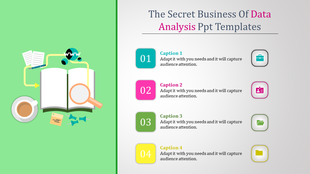 PPT slide for data analysis template, featuring icons like a magnifying glass, coffee cup, and open book with captions.