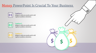 PowerPoint template about money, with three bags of money and space for captions.