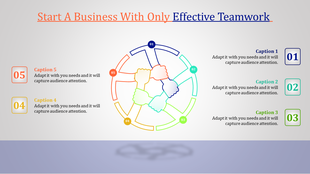 Effective teamwork PowerPoint template with circular diagram and colorful icons for each team step with captions.