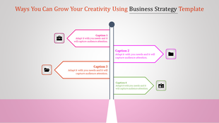 Infographic with four colorful captions and icons, in pink, purple, red, and green, arranged vertically.