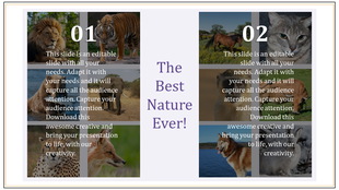 Two column layout showcasing wildlife photos, descriptive text below, and a centered title, on a white background.