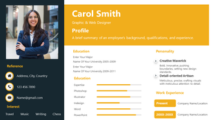Portfolio slide featuring a photo, personal details, education, skills, and work experience of a graphic designer.
