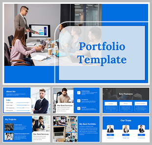 Portfolio slides showcasing different sections for projects, services, and team members in a professional blue layout.