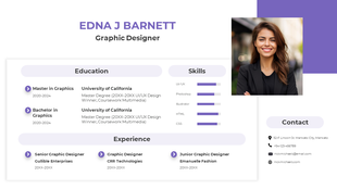 Modern design featuring a profile picture, contact info, education, skills, and experience with purple highlights.
