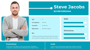Slide with a profile photo on the left, teal and light blue boxes for information, and detailed bio and motivations.