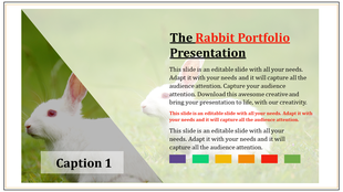 Rabbit themed portfolio PPT slide with a white rabbit image, caption, and text description on a light green background.