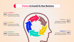 Illustration of a head outline containing five circular arrows in vibrant colors with numbered captions around it.