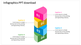 Stacked blocks infographic with four colorful layers in pink, yellow, blue, and green, each labeled 01 to 04.