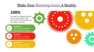 Colorful rotating gears illustration with three captions on a PowerPoint slide.