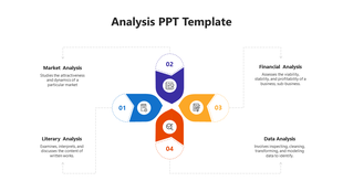 Analysis PowerPoint template featuring four segments with icons and descriptions of various types.