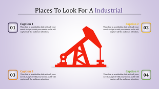 Industrial PowerPoint slide with an oil pump illustration and four numbered caption boxes for content.