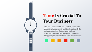 Illustration of a watch symbolizing the importance of time in business, with a row of color-coded icons below.