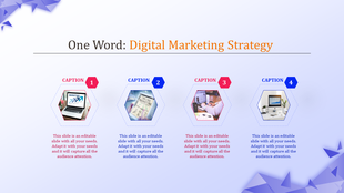 Slide with four hexagonal sections, alternating in blue and pink, showcasing digital marketing visuals on a light background.