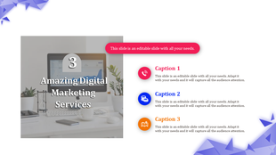 A slide featuring digital marketing services with a graph and three colorful icons for phone, money, and map with captions.